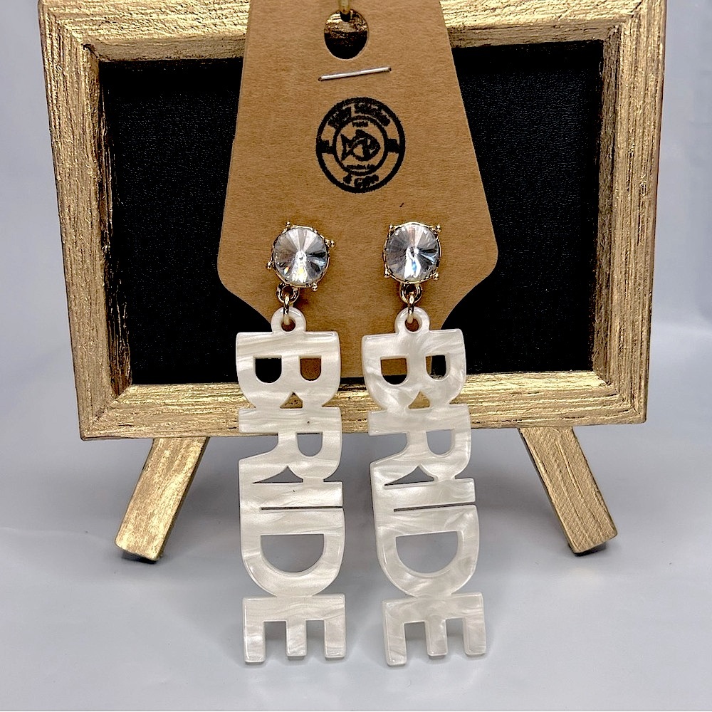 New BRIDE Earrings! White Acrylic Letters with rhinestones/gold tone setting